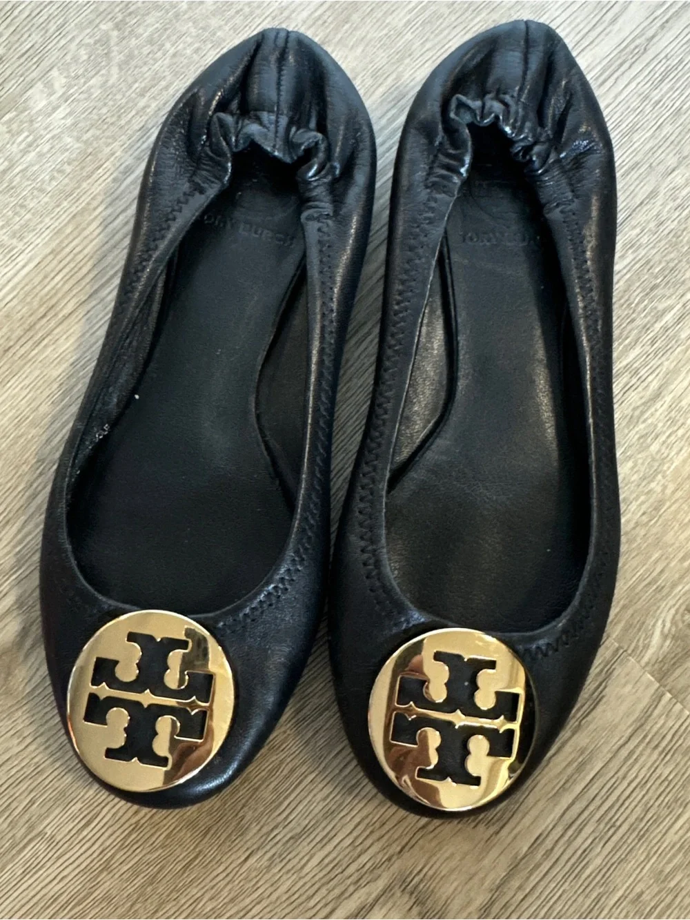 Tory Burch Black Leather Ballet Flats with Gold Medallion